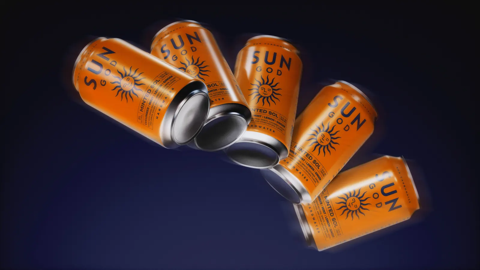 Minted Sol cans floating against a deep navy background