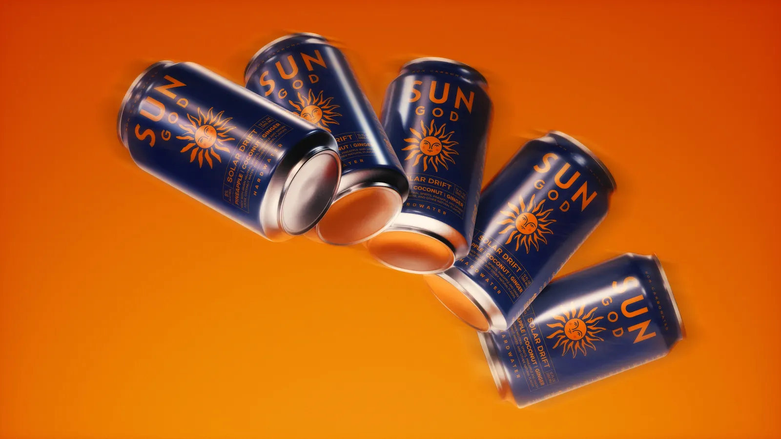 Minted Sol cans tumbling across a bright orange background