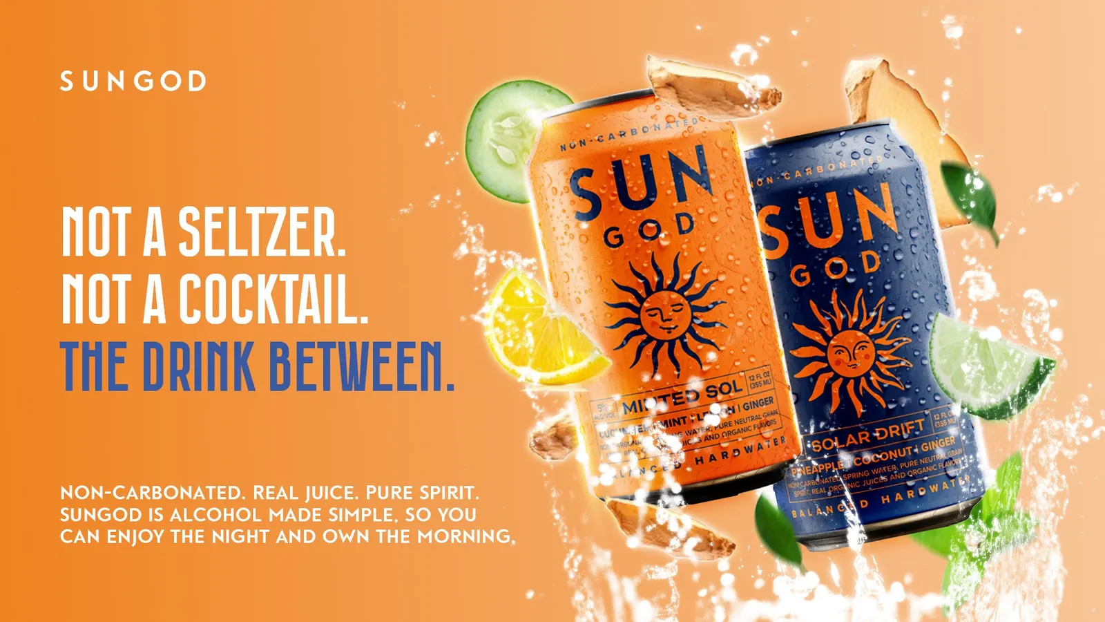 Graphic positioning SUNGOD between seltzer and cocktail, with cans, cucumber and lemon