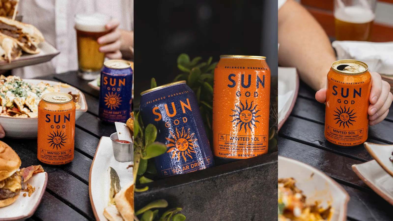A hand lifting a SUNGOD can from a table set with succulents