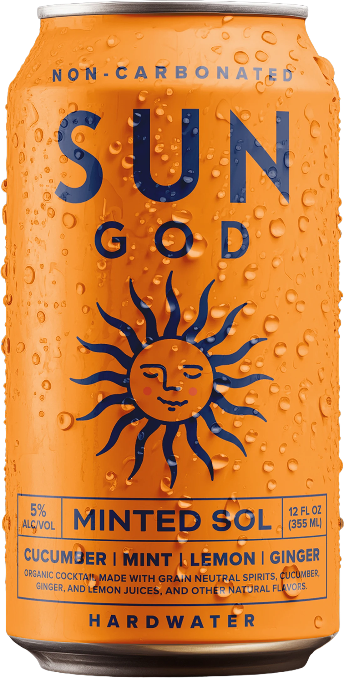 Chilled can of SUNGOD Minted Sol hardwater — cucumber, mint, lemon and ginger, 5% ABV