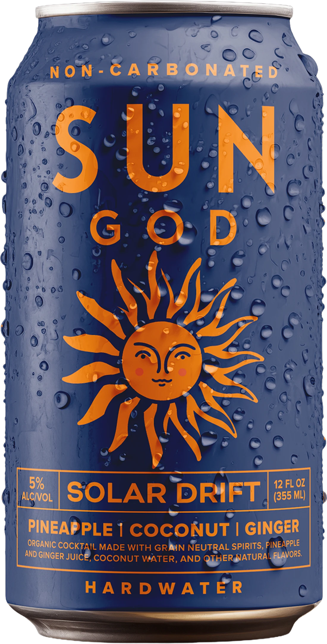 Chilled can of SUNGOD Solar Drift hardwater — pineapple, coconut and ginger, 5% ABV