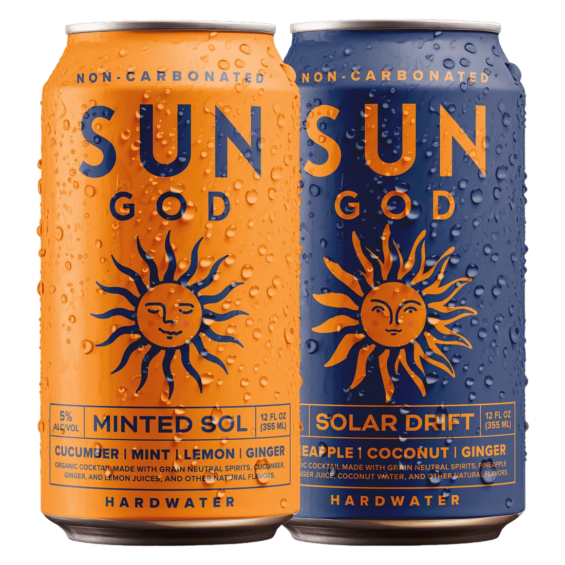 SUNGOD Minted Sol and Solar Drift cans standing side by side