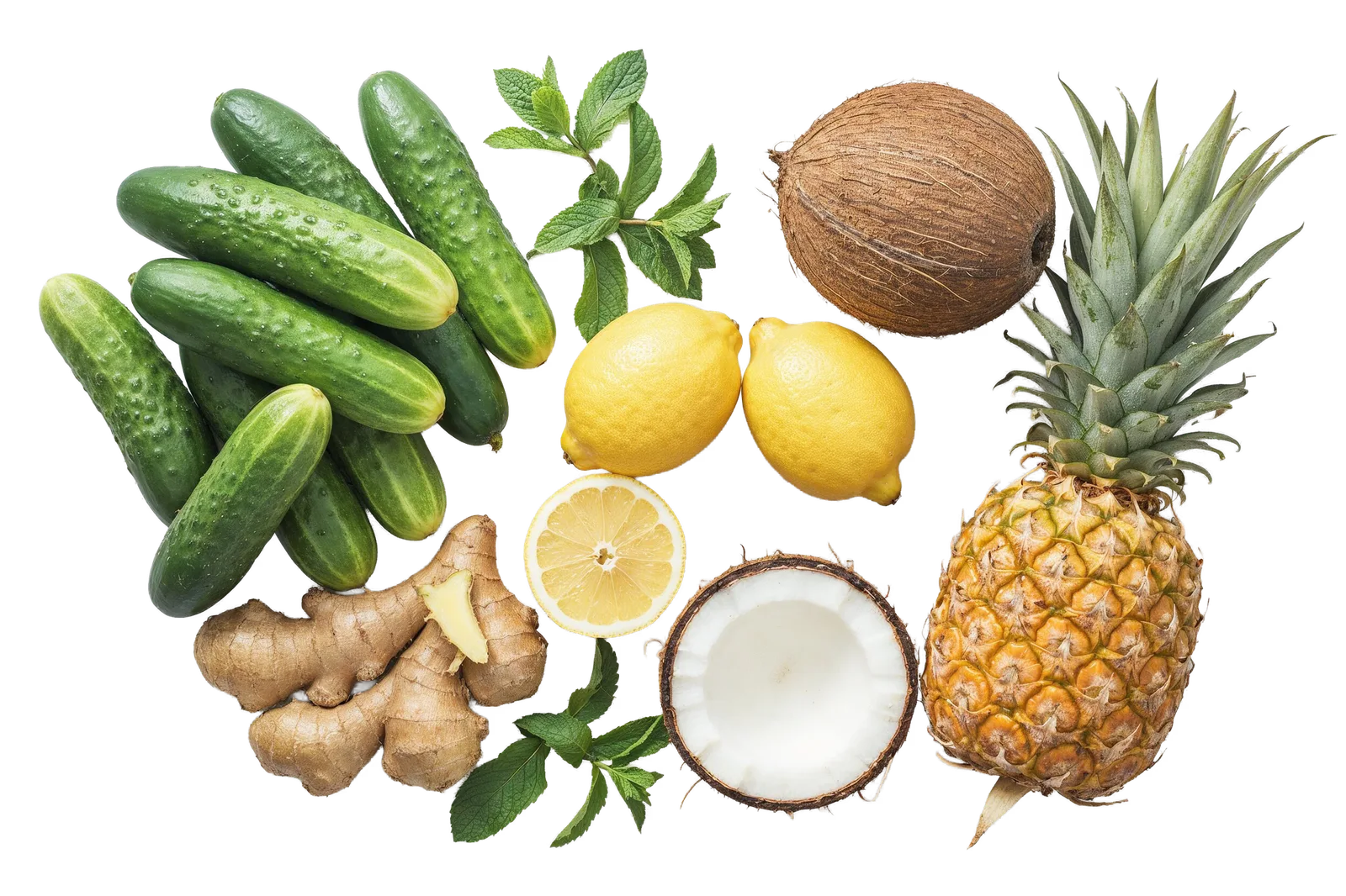 Every SUNGOD ingredient laid out flat: cucumbers, fresh mint, lemons, ginger root, coconut and pineapple